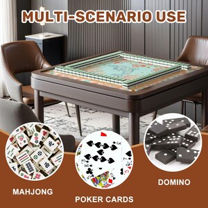 May include: A dark brown wooden game table with a green and floral patterned surface, surrounded by mahjong tiles, poker cards, and dominoes. The text "MULTI-SCENARIO USE" is displayed at the top of the image.