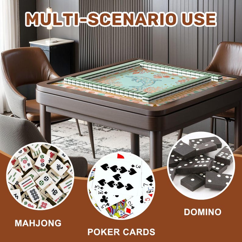May include: A dark brown wooden game table with a green and floral patterned surface, surrounded by mahjong tiles, poker cards, and dominoes. The text "MULTI-SCENARIO USE" is displayed at the top of the image.