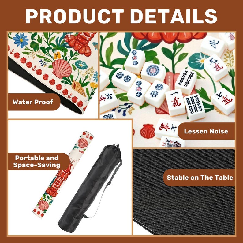 Puede incluir: Imagen de detalles de un juego de Mahjong. Incluye un tapete con estampado floral, fichas blancas con caracteres chinos y una funda de transporte. El tapete es impermeable y el juego es port&aacute;til y ahorra espacio.