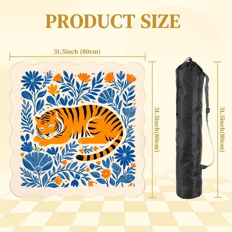 May include: A decorative mat featuring a tiger design with orange and black stripes, surrounded by blue and orange floral patterns. The mat measures 31.5 inches (80cm) in length and width. Includes a black carrying case.