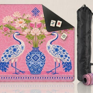 Chinoiserie Crane Mahjong Mat, Pink Gaming Table Cover, Lotus Square Non-Slip Rubber Game Pad, Maximalist Boho Gift for Mahjong Lover