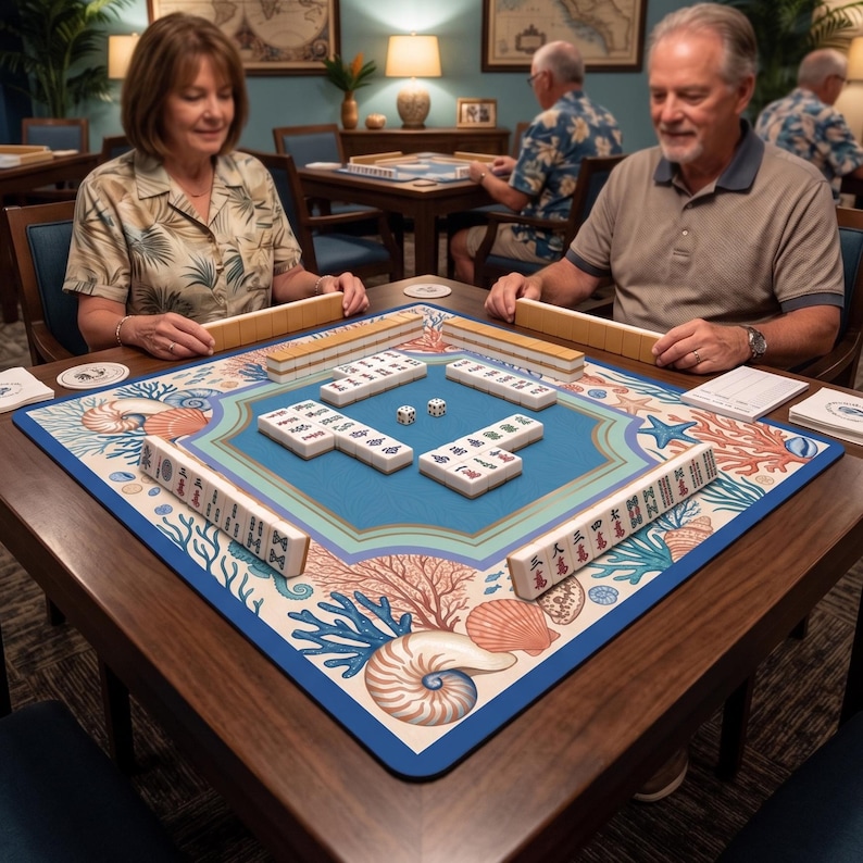 Op de afbeelding: Een Mahjong-spel in uitvoering, met een blauw speeloppervlak met een nautisch ontwerp van koraal, schelpen en een nautilus. Het spel staat op een donkere houten tafel, met spelers die tegels vasthouden. De sc&egrave;ne speelt zich af in een goed verlichte kamer.