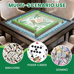 May include: A multi-use game table with a green and blue patterned surface, featuring a mahjong set, poker cards, and dominoes. The table has a decorative bird design in the center and the text "MULTI-SCENARIO USE".