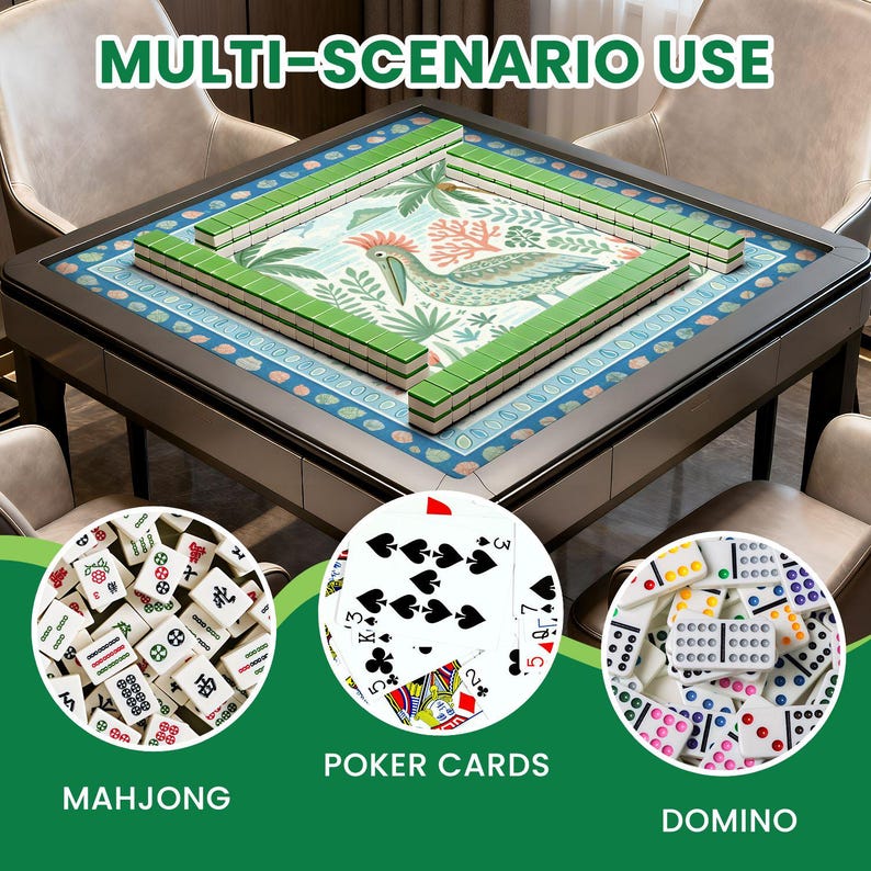 May include: A multi-use game table with a green and blue patterned surface, featuring a mahjong set, poker cards, and dominoes. The table has a decorative bird design in the center and the text "MULTI-SCENARIO USE".
