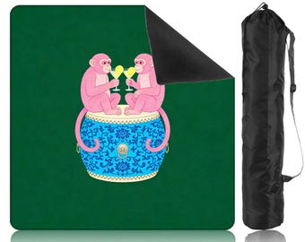 Pink Monkeys Mahjong Mat 31.5", Chinoiserie Style Table Cover, Nonslip Game Mat with Bag, Quirky Gift for Mahjong Lover, Game Night Decor