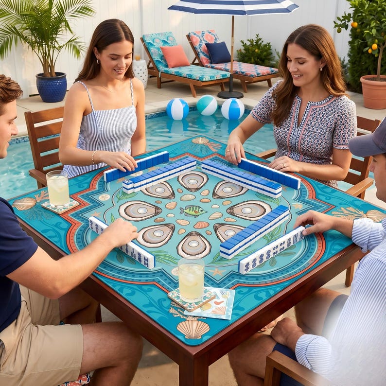 May include: A square wooden Mahjong table with a teal and coral design featuring oyster shells and a fish. Four people are playing the game, with blue and white tiles arranged on the table. Drinks and beach balls are nearby.