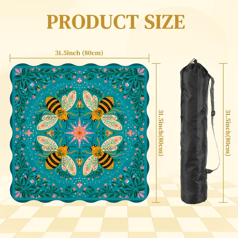 May include: A square teal mat with a bee and floral design, measuring 31.5 inches (80cm) on each side. The mat is accompanied by a black carrying bag. The words "PRODUCT SIZE" are at the top.