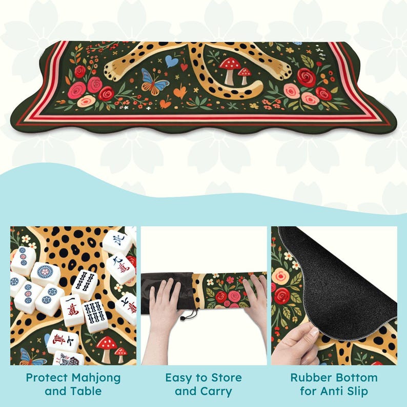 Pu&ograve; includere: Un tappetino decorativo per Mahjong con sfondo verde scuro, con un motivo leopardato e accenti floreali. Il tappetino ha un bordo smerlato e include il testo "Protect Mahjong and Table", "Easy to Store and Carry" e "Rubber Bottom for Anti Slip".