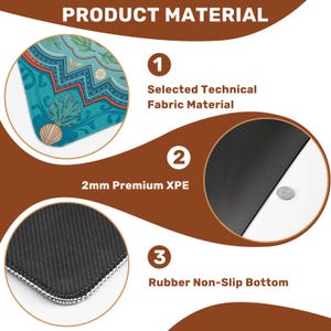 May include: An image detailing product materials. The top left shows a teal and coral patterned fabric. The image highlights the selected technical fabric material, 2mm premium XPE, and a rubber non-slip bottom.