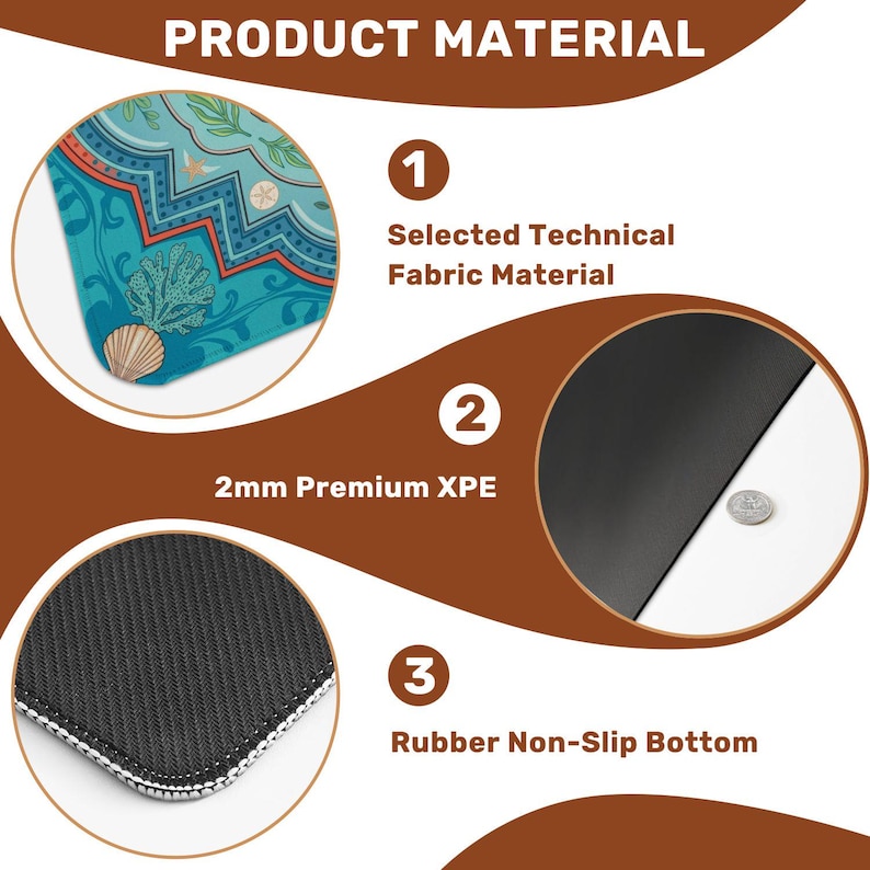 May include: An image detailing product materials. The top left shows a teal and coral patterned fabric. The image highlights the selected technical fabric material, 2mm premium XPE, and a rubber non-slip bottom.