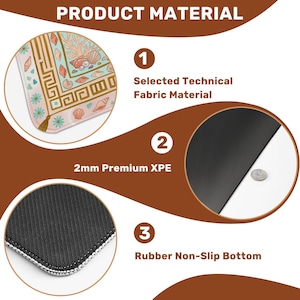 May include: An informational graphic showing the product material of a mousepad. The mousepad features a selected technical fabric material, 2mm premium XPE, and a rubber non-slip bottom. The mousepad design includes a seashell and coral pattern.