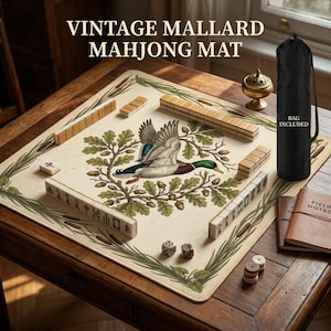 Vintage Mahjongmatta med gräsand, halkfritt bordsöverdrag med väska, nyckfullt speltillbehör för brusreducering, present till Mahjong-älskare