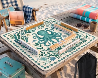 Preppy Octopus Mahjong Playmat, Turquoise Coastal Rubber Table Cover for American Mahjong, Summer Ocean Theme Mahjong Gift