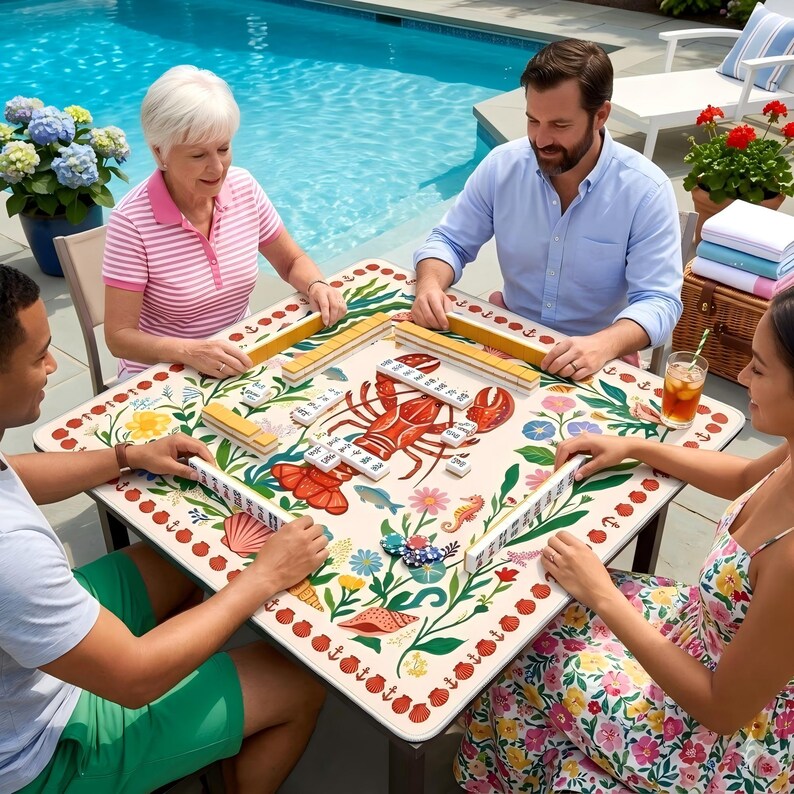 Puede incluir: Una mesa de mahjong cuadrada con una superficie crema decorada con una langosta roja, conchas marinas y dise&ntilde;os florales. Cuatro personas juegan al mahjong al aire libre, cerca de una piscina y muebles de jard&iacute;n.