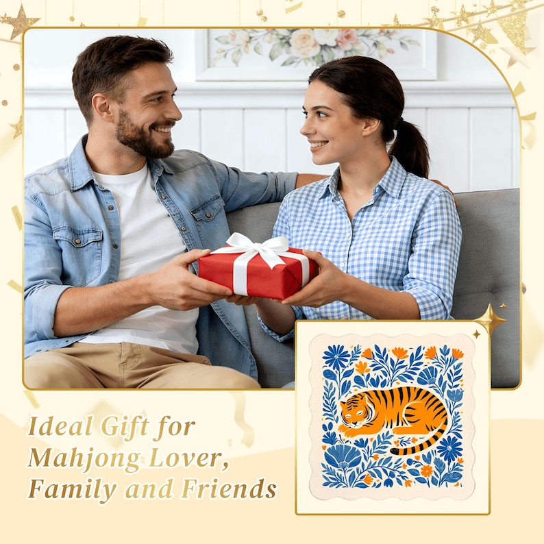 May include: A red gift box with a white ribbon is being exchanged between two people. The image also includes a framed illustration of a tiger surrounded by blue flowers and foliage. The text on the image says "Ideal Gift for Mahjong Lover, Family and Friends."