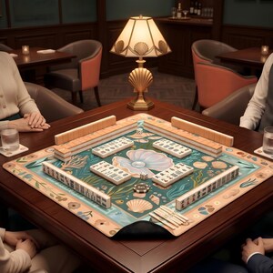Puede incluir: Una mesa de mahjong cuadrada de madera con una superficie de juego turquesa y beige con un dise&ntilde;o de conchas marinas. La mesa est&aacute; dispuesta con fichas, dados y una ficha de "Bet". Una l&aacute;mpara dorada con base y pantalla de concha marina est&aacute; sobre la mesa.