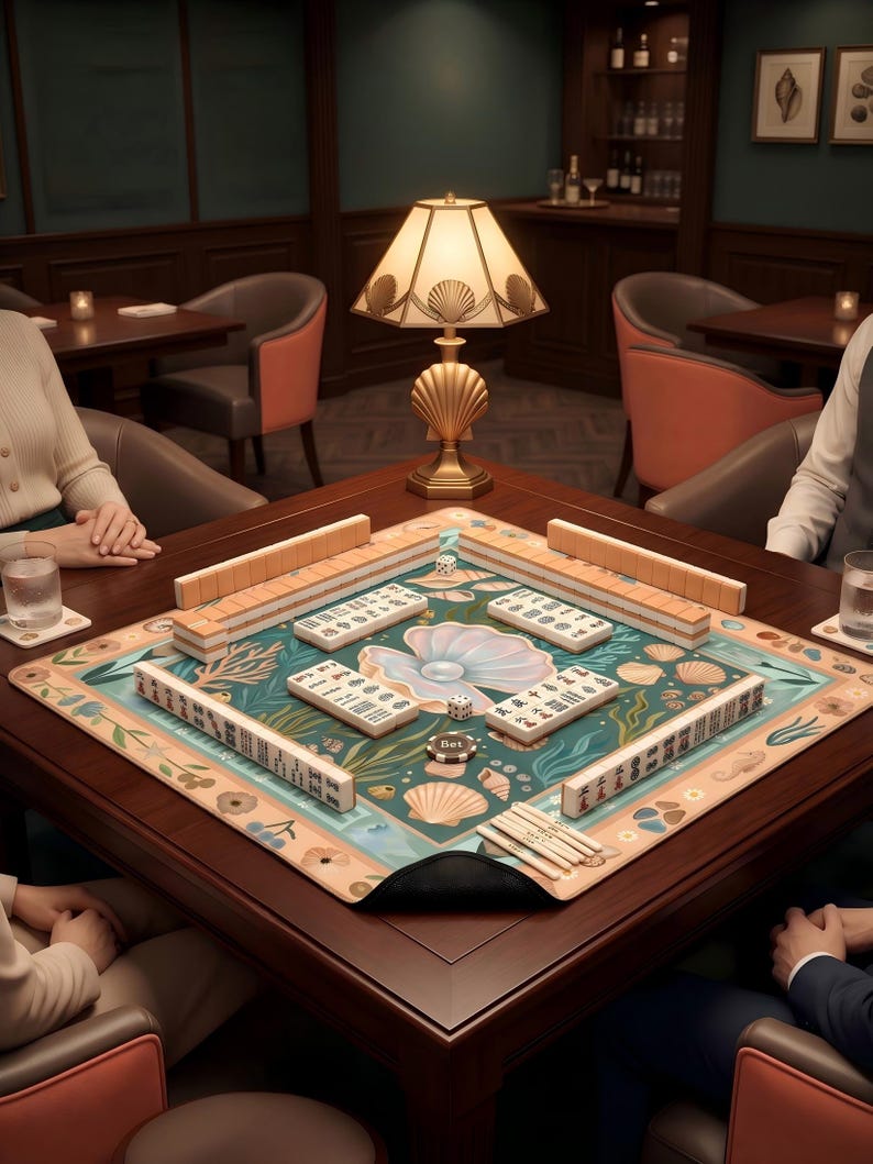 Puede incluir: Una mesa de mahjong cuadrada de madera con una superficie de juego turquesa y beige con un dise&ntilde;o de conchas marinas. La mesa est&aacute; dispuesta con fichas, dados y una ficha de "Bet". Una l&aacute;mpara dorada con base y pantalla de concha marina est&aacute; sobre la mesa.