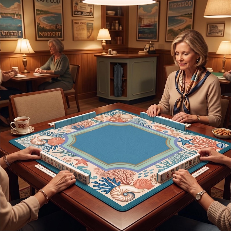 Op de afbeelding: Een Mahjong-spel aan een houten tafel. De tafel heeft een blauw midden en een decoratieve rand met schelpen en koraal. Spelers zitten rond de tafel, met tegels en kopjes zichtbaar.