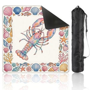May include: A yoga mat with a watercolour lobster design. The mat is bordered with seashells, starfish, and fish. A black carrying bag is included. The mat is designed for yoga and fitness.
