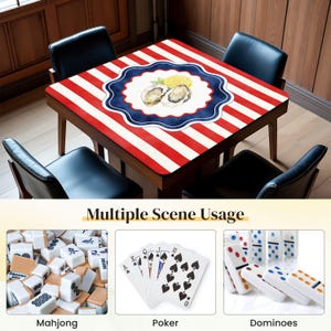 May include: A square table with a red and white striped pattern and a central design featuring oysters and a lemon slice. The table is surrounded by four black chairs. The text "Multiple Scene Usage" is displayed below the table, with images of Mahjong, Poker, and Dominoes.