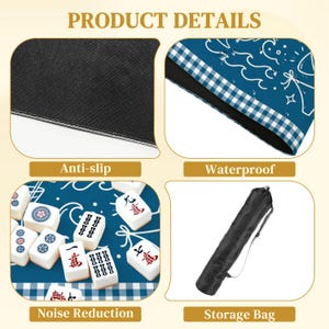 Puede incluir: Imagen de detalles del producto: superficie antideslizante negra, superficie impermeable azul con dise&ntilde;os blancos, superficie azul con fichas de mahjong y una bolsa de almacenamiento negra. Texto: "Anti-slip", "Waterproof", "Noise Reduction" y "Storage Bag".