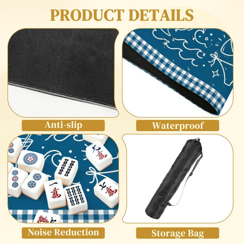 Puede incluir: Imagen de detalles del producto: superficie antideslizante negra, superficie impermeable azul con dise&ntilde;os blancos, superficie azul con fichas de mahjong y una bolsa de almacenamiento negra. Texto: "Anti-slip", "Waterproof", "Noise Reduction" y "Storage Bag".