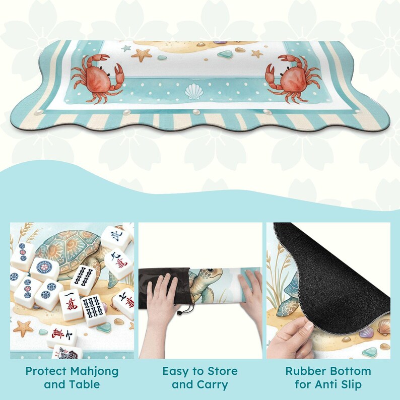 May include: A rectangular mahjong mat with a beach-themed design. The mat features a light blue and white striped border, with illustrations of crabs, seashells, and starfish. The mat is designed to protect the mahjong table and is easy to store and carry.