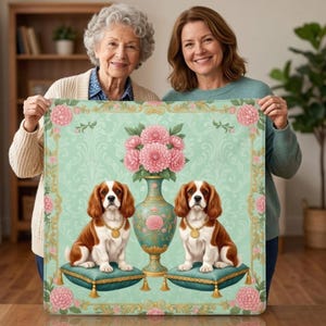 Op de afbeelding: Een vierkante decoratieve deken met twee Cavalier King Charles Spaniels, een bloemenvaas en roze bloemen op een lichtgroene achtergrond. De deken heeft een gouden bloemenrand.