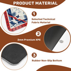 May include: A detailed product material graphic. The top section shows a nautical-themed design. The graphic highlights the selected technical fabric material, 2mm premium XPE, and a rubber non-slip bottom.
