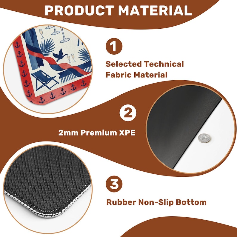 May include: A detailed product material graphic. The top section shows a nautical-themed design. The graphic highlights the selected technical fabric material, 2mm premium XPE, and a rubber non-slip bottom.