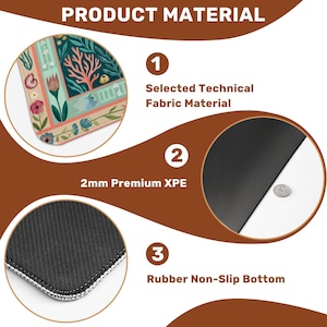 May include: An image detailing the product material of a mousepad. The mousepad features a selected technical fabric material, 2mm premium XPE, and a rubber non-slip bottom. The top left corner shows a colorful floral and botanical design.