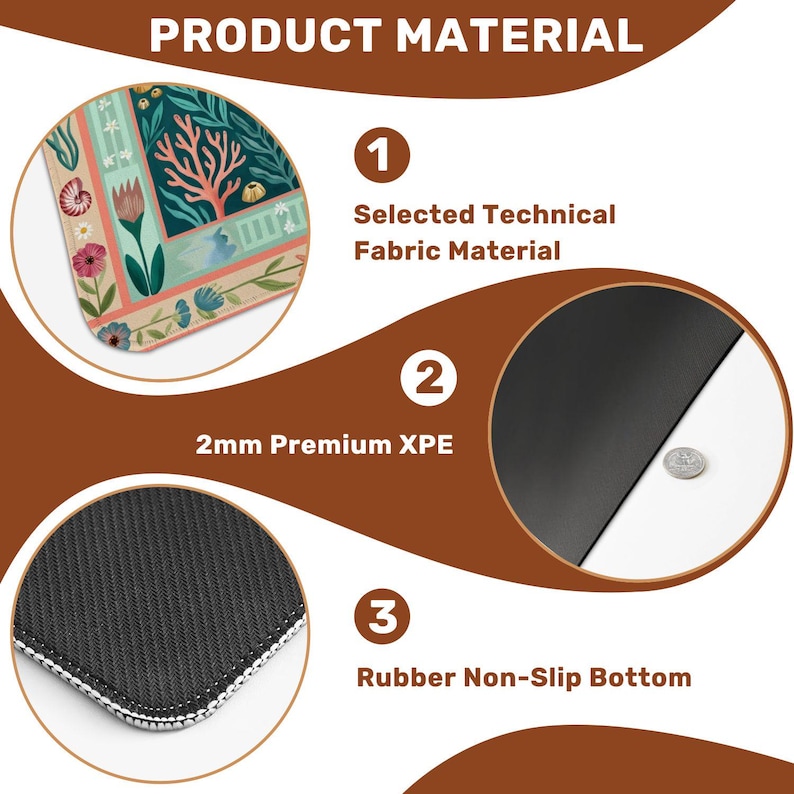 May include: An image detailing the product material of a mousepad. The mousepad features a selected technical fabric material, 2mm premium XPE, and a rubber non-slip bottom. The top left corner shows a colorful floral and botanical design.