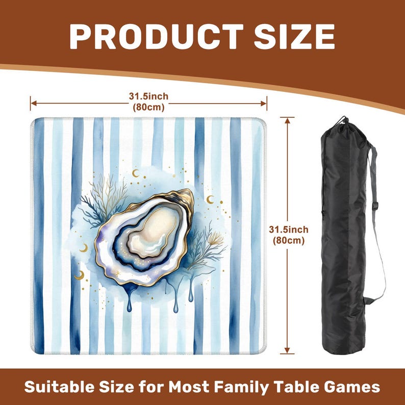 May include: A square table game mat featuring blue and white stripes and an oyster design. The mat measures 80cm square and includes a black carry bag. Text reads "PRODUCT SIZE" and "Suitable Size for Most Family Table Games."