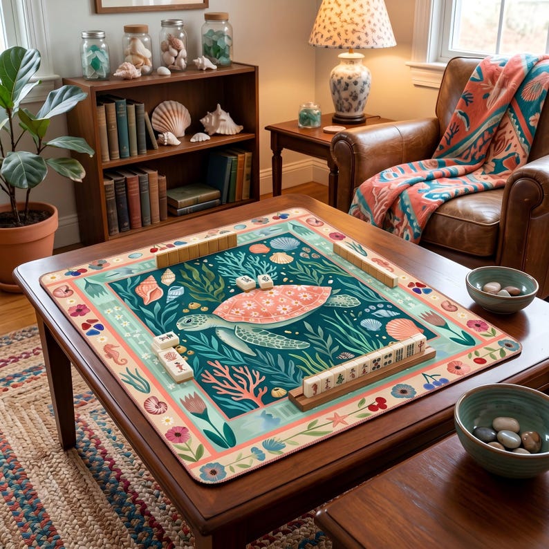 May include: A wooden Mahjong table with a colorful ocean-themed mat featuring a sea turtle, coral, and seashells. The table is surrounded by wooden tiles and bowls of stones, creating a cozy game room setting.