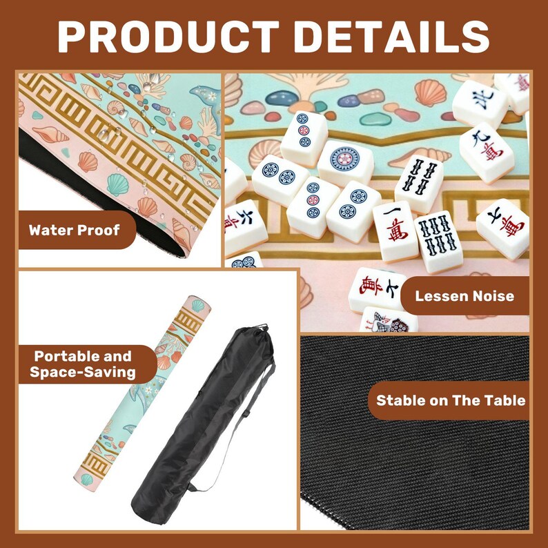 May include: A product details image showcasing a Mahjong set. The set includes a colorful mat with a seashell design, tiles, and a black carrying case. The mat is water-proof, portable, and space-saving. The tiles are designed to lessen noise and the mat is stable on the table.