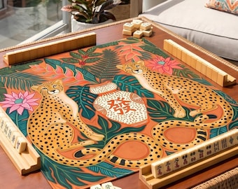 Chinoiserie Mahjong Mat, Preppy Cheetah Mahjong Table Mat, Mahjong Mat, Luxury Mahjong Gift, American Mahjong Mat