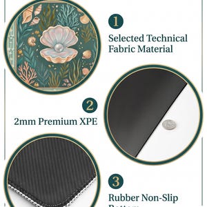 Puede incluir: Un gr&aacute;fico informativo que detalla los materiales del producto. Destaca el tejido t&eacute;cnico seleccionado, XPE premium de 2 mm y una base de goma antideslizante. El dise&ntilde;o incluye una ilustraci&oacute;n de concha y perla.