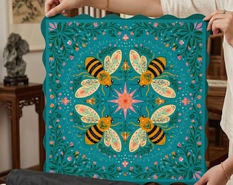 Tapete de Mahjong con diseño de abeja de miel - 80 cm - Funda para mesa de juego de mesa con diseño floral verde azulado - Tapete antideslizante para fichas, cartas y póker - Regalo para amantes del Mahjong
