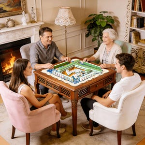 May include: A group of four people playing Mahjong around a wooden table. The table has a decorative floral design and is surrounded by chairs. The Mahjong tiles are green and white. A fireplace and a lamp are visible in the background.