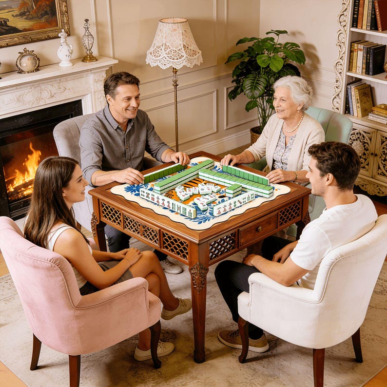 May include: A group of four people playing Mahjong around a wooden table. The table has a decorative floral design and is surrounded by chairs. The Mahjong tiles are green and white. A fireplace and a lamp are visible in the background.