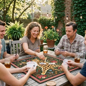 Pu&ograve; includere: Un gruppo di persone gioca a carte attorno a un tavolo di legno all'aperto. Il tavolo presenta un tabellone di gioco decorativo con un motivo a leopardo. La scena &egrave; ambientata in un giardino con verde e luci a corda.