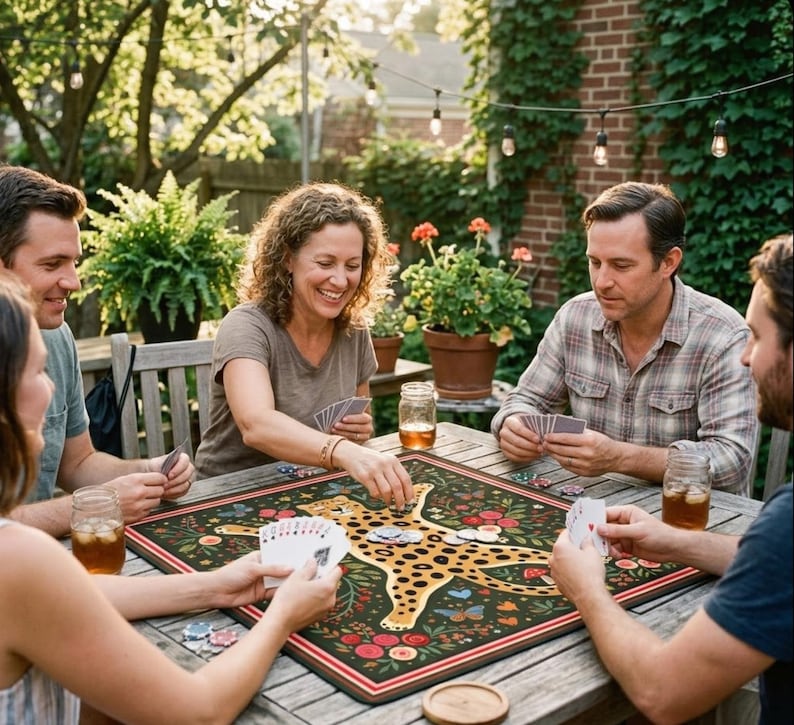 Pu&ograve; includere: Un gruppo di persone gioca a carte attorno a un tavolo di legno all'aperto. Il tavolo presenta un tabellone di gioco decorativo con un motivo a leopardo. La scena &egrave; ambientata in un giardino con verde e luci a corda.