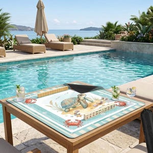 May include: A wooden table with a blue and white patterned mat featuring a sea turtle and crab design. The table holds mahjong tiles, dice, and drinks, set against a pool and ocean backdrop.
