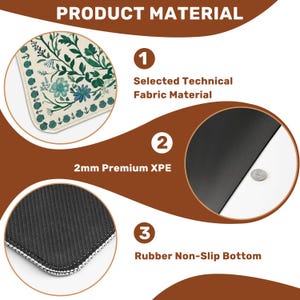 Może przedstawiać: Grafika materiału produktu z trzema sekcjami. Sekcja 1: Wybrany materiał techniczny. Sekcja 2: 2 mm Premium XPE. Sekcja 3: Gumowe dno antypoślizgowe. Obraz zawiera kwiatowy wz&oacute;r i zbliżenie tekstury produktu.