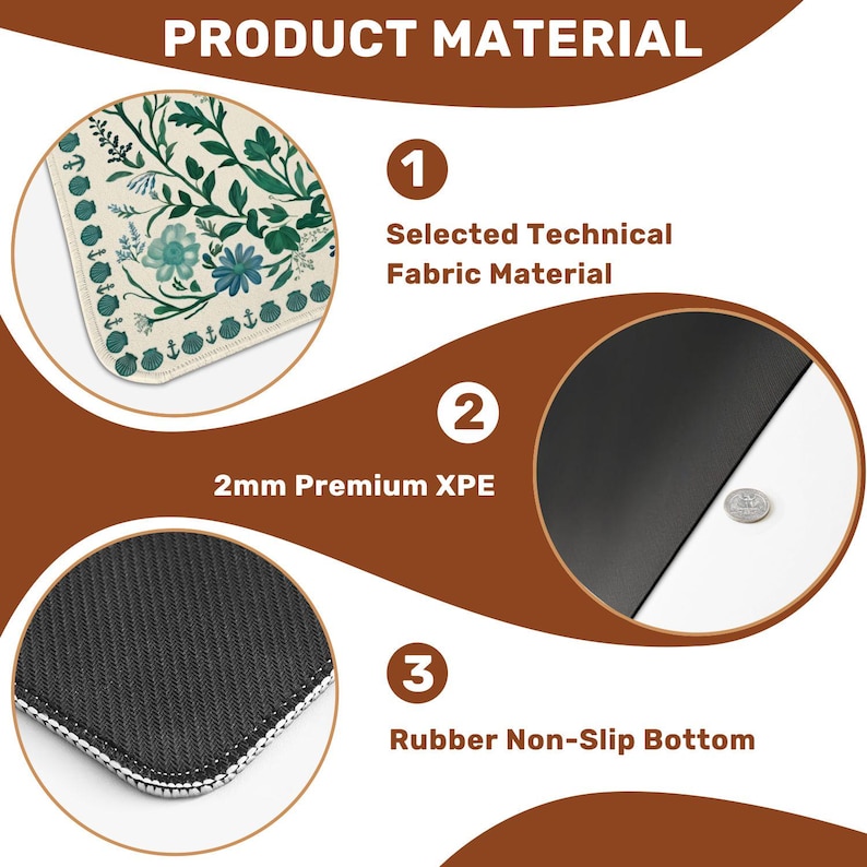 Może przedstawiać: Grafika materiału produktu z trzema sekcjami. Sekcja 1: Wybrany materiał techniczny. Sekcja 2: 2 mm Premium XPE. Sekcja 3: Gumowe dno antypoślizgowe. Obraz zawiera kwiatowy wz&oacute;r i zbliżenie tekstury produktu.