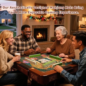 May include: A group of four people playing mahjong around a wooden table. The table has a decorative mat with floral and animal designs. The text on the image reads: "Our Aesthetically Designed Mahjong Mats Bring You A More Enjoyable Gaming Experience."