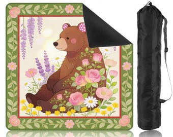 Bear Mahjong Mat 31.5" Square, Cute Woodland Animal Board Game Table Cover with Flowers, Game Night Decor, Mahjong Lover Gift