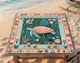 Preppy Sea Turtle Mahjong Mat with Storage Bag Pink Ocean Theme Game Night Tile Game Table Mat Gift for Players or Hosts