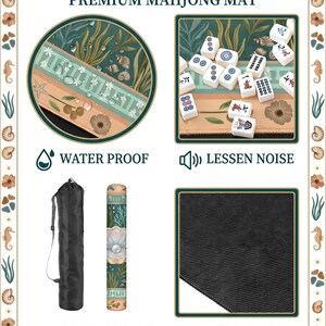 Puede incluir: Tapete de Mahjong premium con dise&ntilde;o de tem&aacute;tica marina. Incluye resistencia al agua, reducci&oacute;n de ruido y una superficie estable. El tapete es port&aacute;til y ahorra espacio. Tambi&eacute;n se muestra el texto "PRODUCT DETAILS".