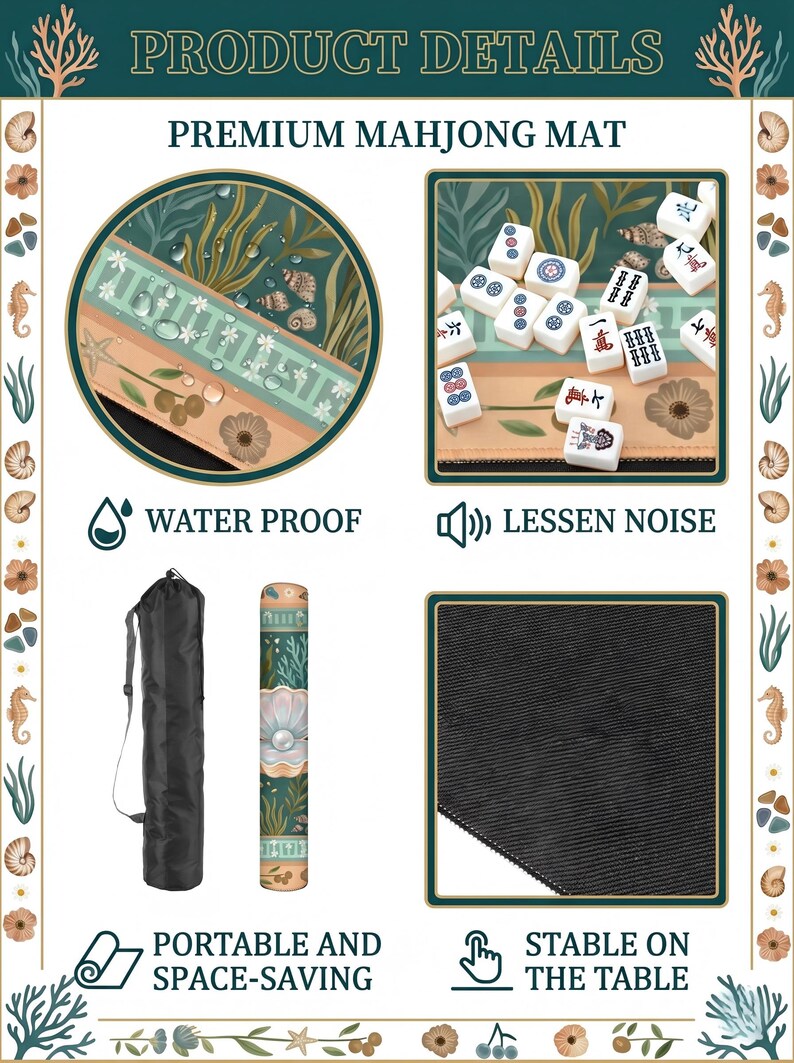 Puede incluir: Tapete de Mahjong premium con dise&ntilde;o de tem&aacute;tica marina. Incluye resistencia al agua, reducci&oacute;n de ruido y una superficie estable. El tapete es port&aacute;til y ahorra espacio. Tambi&eacute;n se muestra el texto "PRODUCT DETAILS".